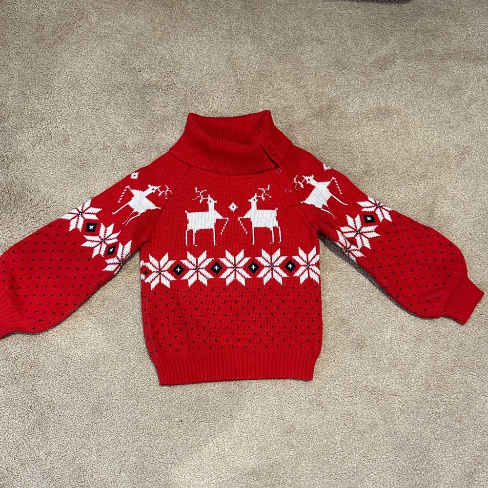 Janie and Jack Red Cowl Neck Sweater with Reindeer Design